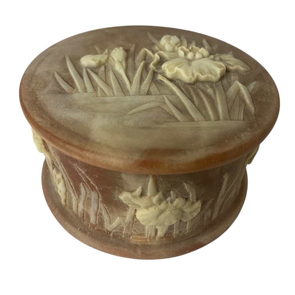 Vintage Brown Cameo Incolay Stone Iris Floral Jewelry Keepsake Box Round USA